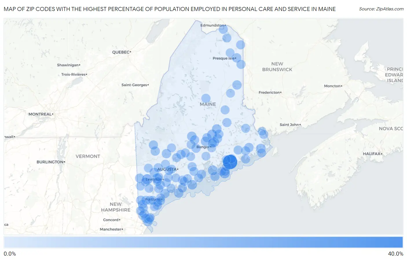 Zip Codes with the Highest Percentage of Population Employed in Personal Care and Service in Maine Map