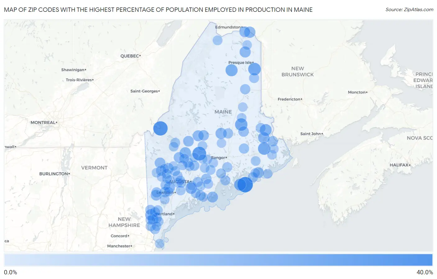 Zip Codes with the Highest Percentage of Population Employed in Production in Maine Map