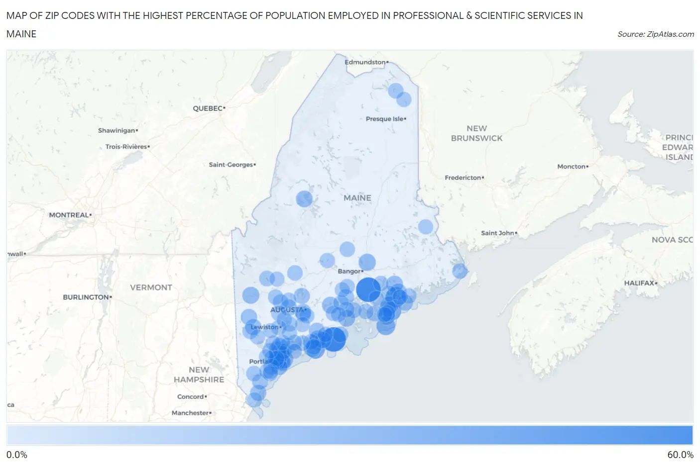 Zip Codes with the Highest Percentage of Population Employed in Professional & Scientific Services in Maine Map