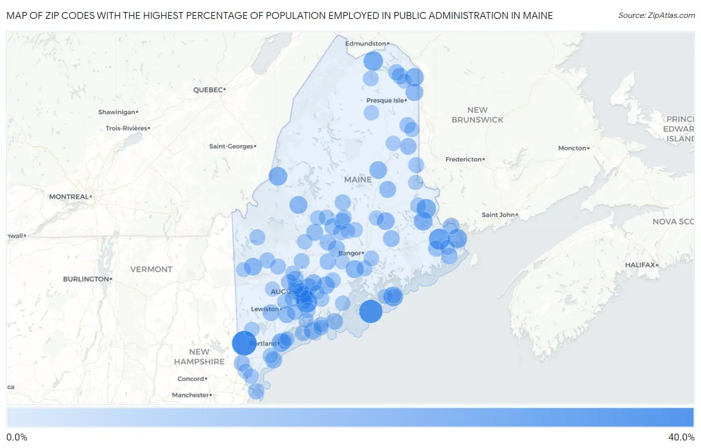 Zip Codes with the Highest Percentage of Population Employed in Public Administration in Maine Map