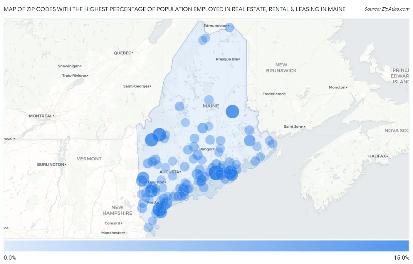 Zip Codes with the Highest Percentage of Population Employed in Real Estate, Rental & Leasing in Maine Map