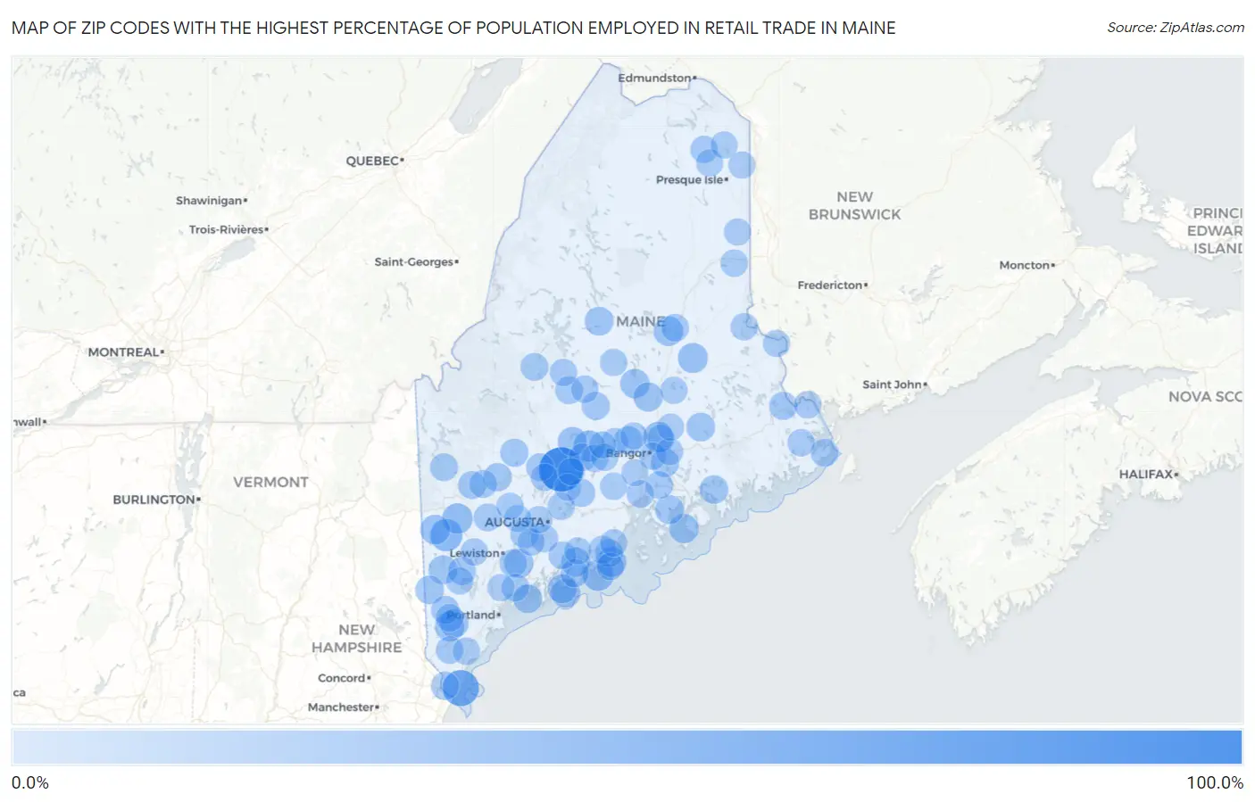 Zip Codes with the Highest Percentage of Population Employed in Retail Trade in Maine Map