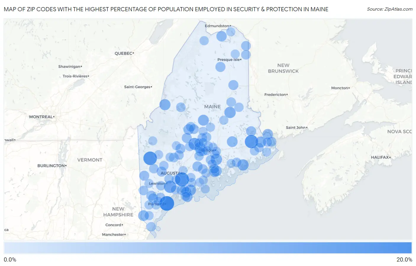 Zip Codes with the Highest Percentage of Population Employed in Security & Protection in Maine Map