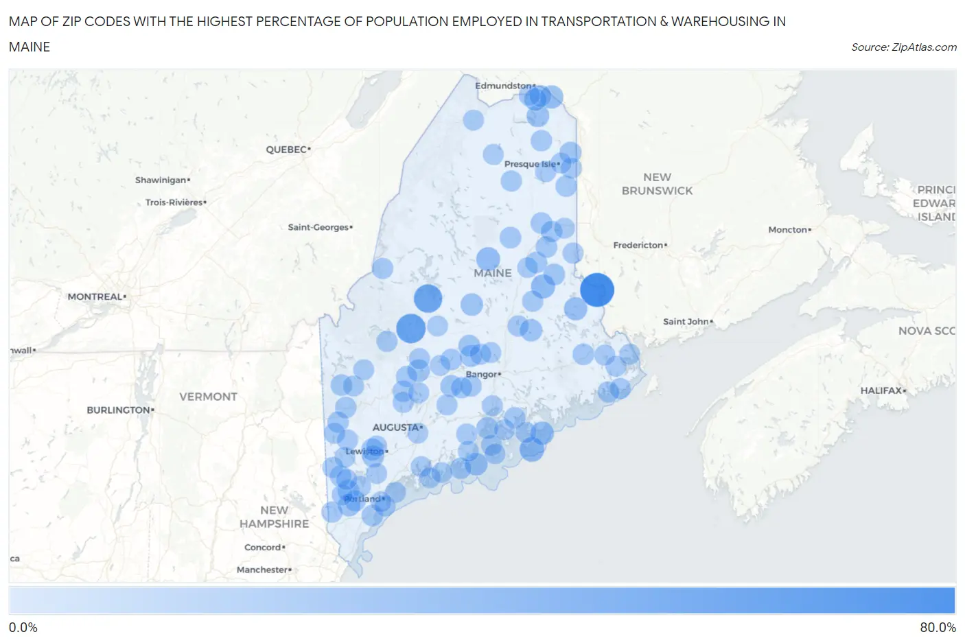 Zip Codes with the Highest Percentage of Population Employed in Transportation & Warehousing in Maine Map