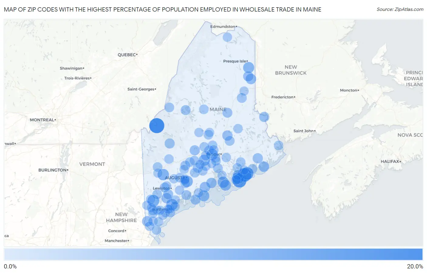 Zip Codes with the Highest Percentage of Population Employed in Wholesale Trade in Maine Map