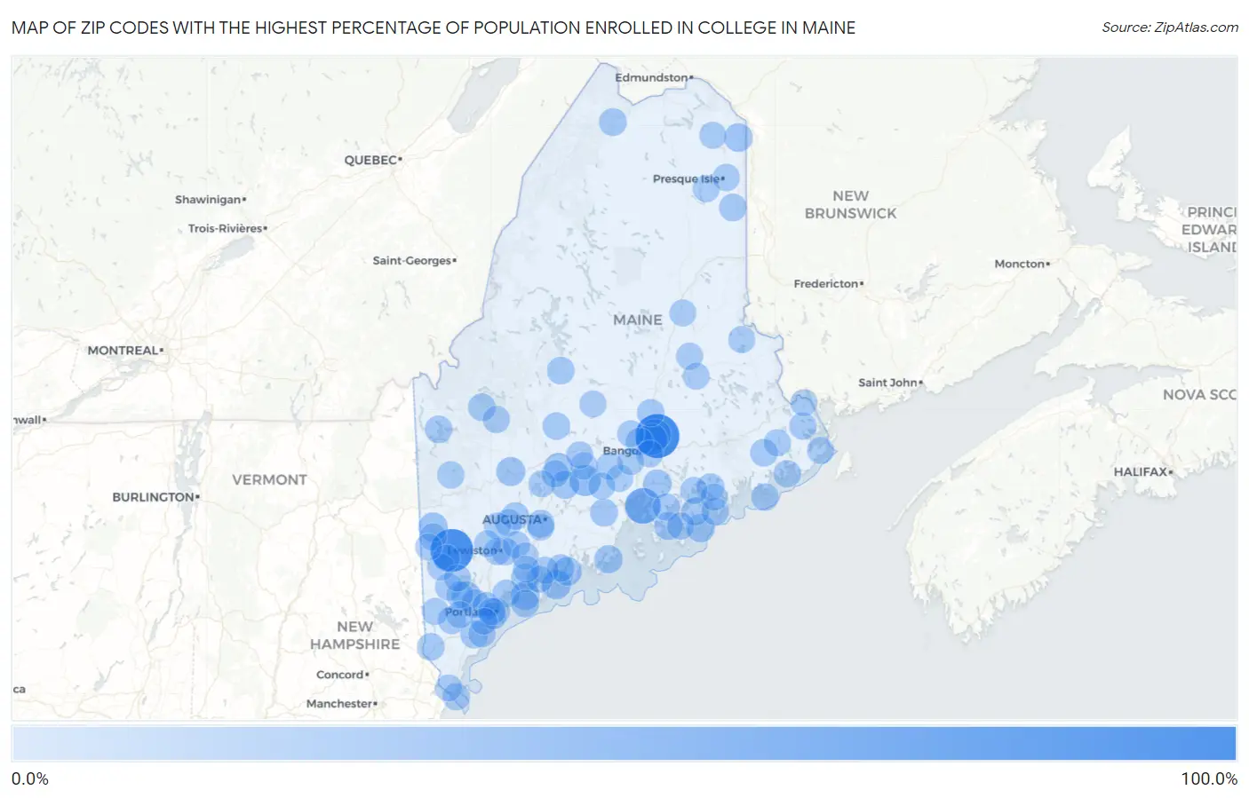 Zip Codes with the Highest Percentage of Population Enrolled in College in Maine Map