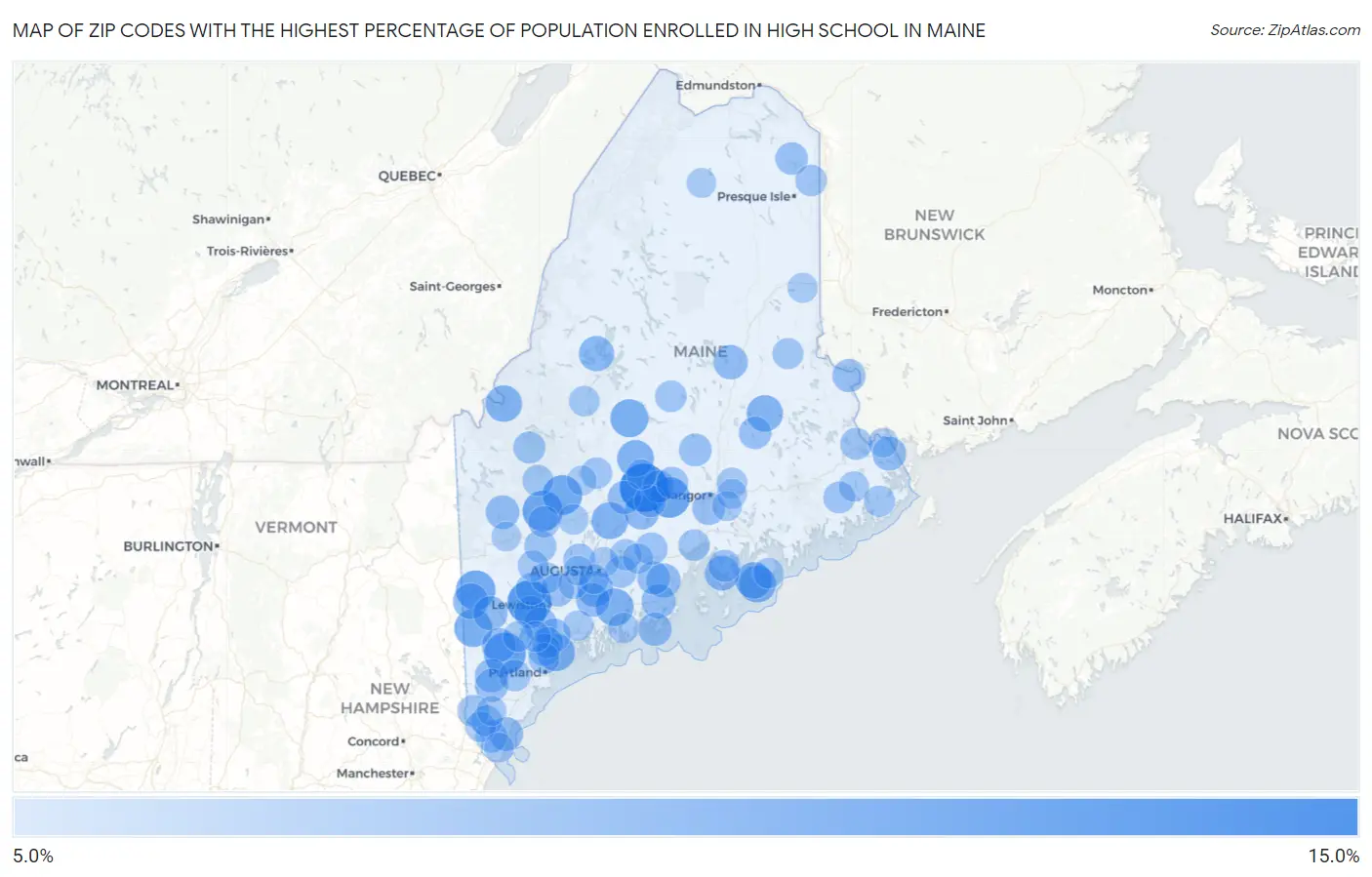 Zip Codes with the Highest Percentage of Population Enrolled in High School in Maine Map