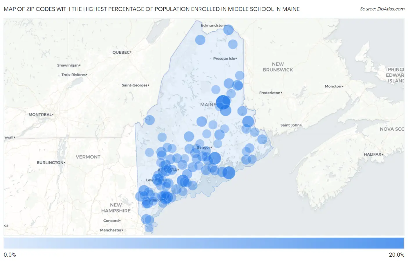 Zip Codes with the Highest Percentage of Population Enrolled in Middle School in Maine Map