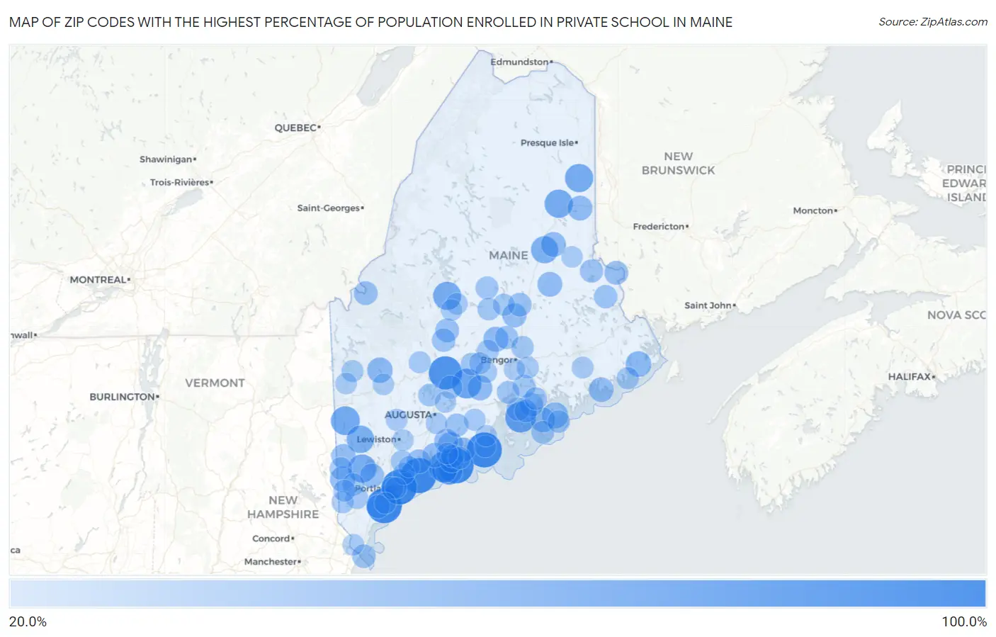 Zip Codes with the Highest Percentage of Population Enrolled in Private School in Maine Map