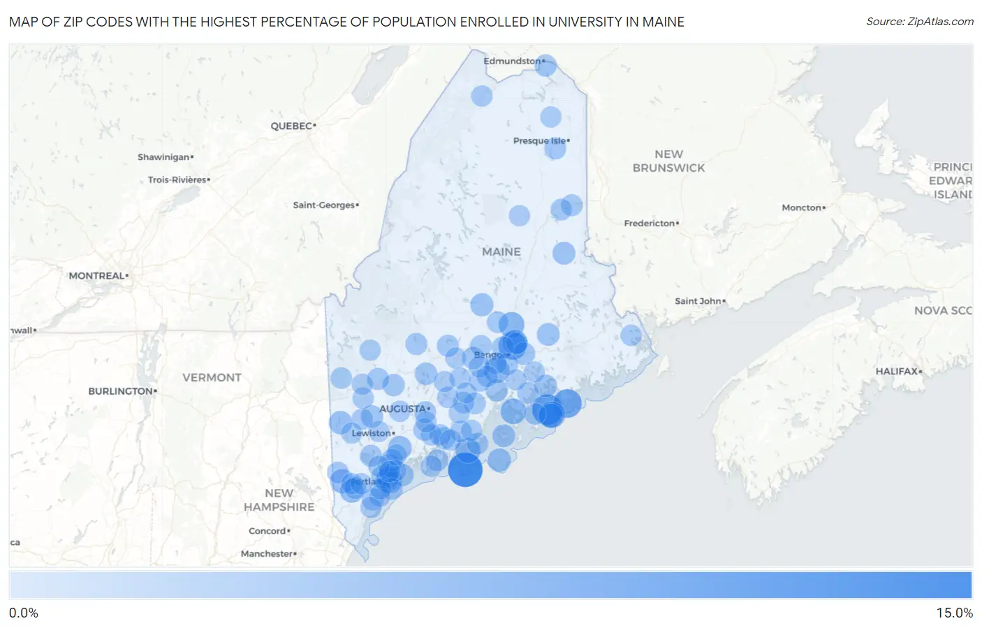 Zip Codes with the Highest Percentage of Population Enrolled in University in Maine Map