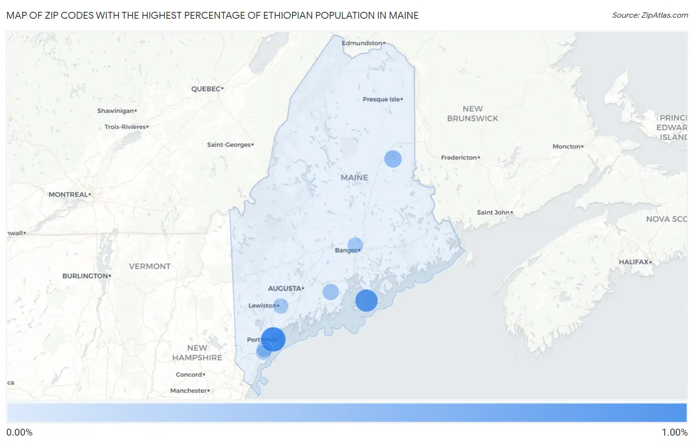 Zip Codes with the Highest Percentage of Ethiopian Population in Maine Map
