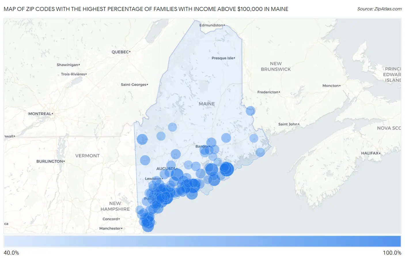 Zip Codes with the Highest Percentage of Families with Income Above $100,000 in Maine Map
