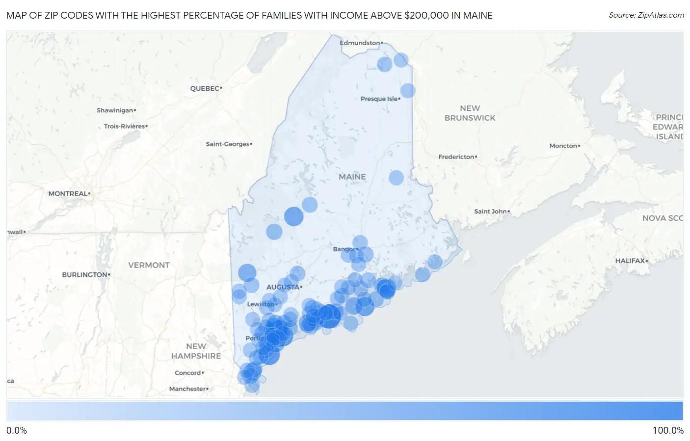 Zip Codes with the Highest Percentage of Families with Income Above $200,000 in Maine Map