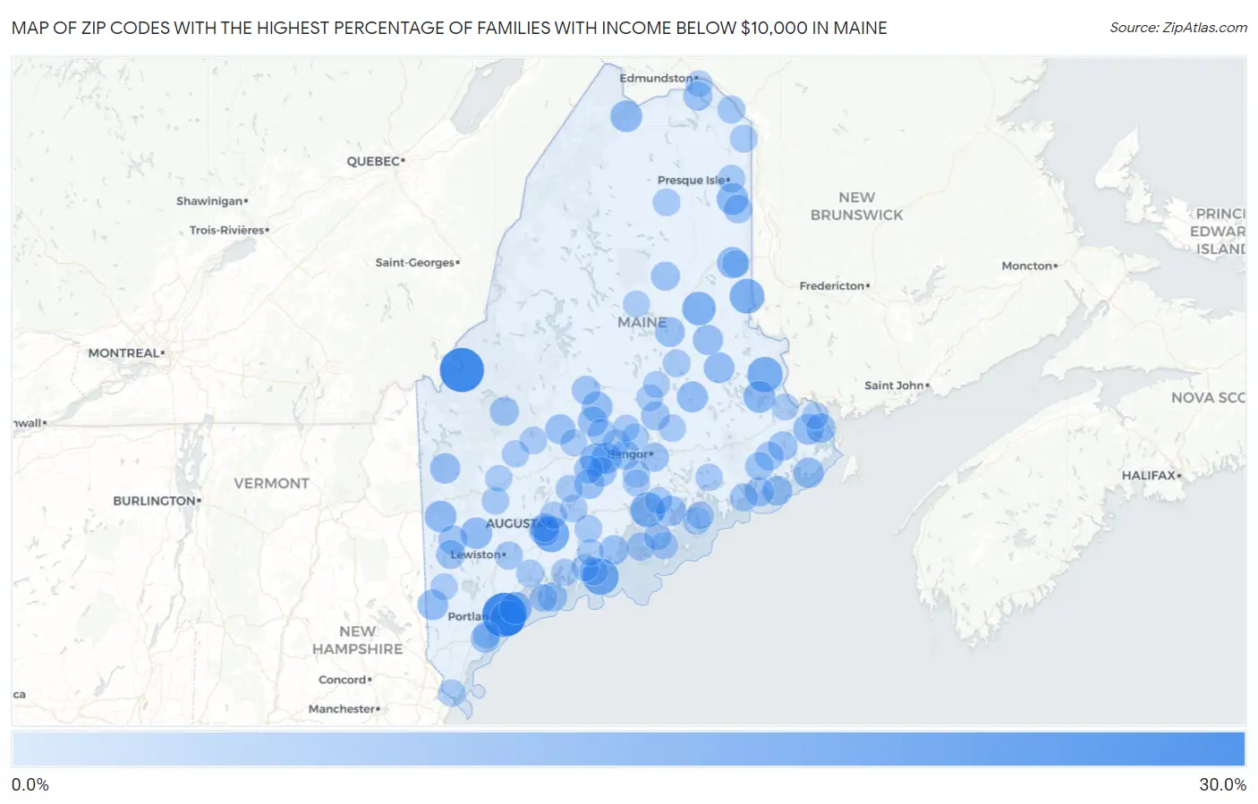 Zip Codes with the Highest Percentage of Families with Income Below $10,000 in Maine Map