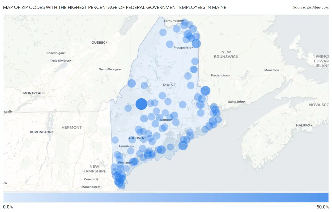 Zip Codes with the Highest Percentage of Federal Government Employees in Maine Map