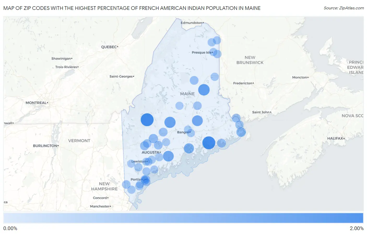 Zip Codes with the Highest Percentage of French American Indian Population in Maine Map