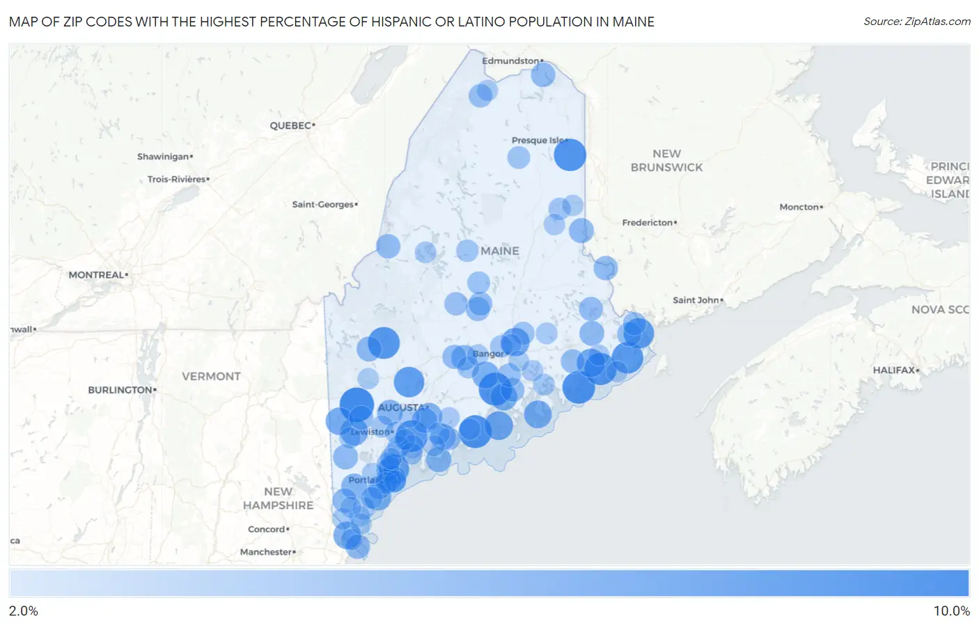Zip Codes with the Highest Percentage of Hispanic or Latino Population in Maine Map