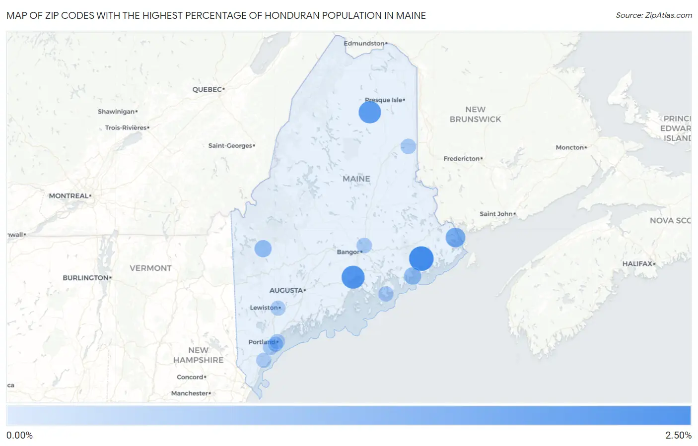 Zip Codes with the Highest Percentage of Honduran Population in Maine Map