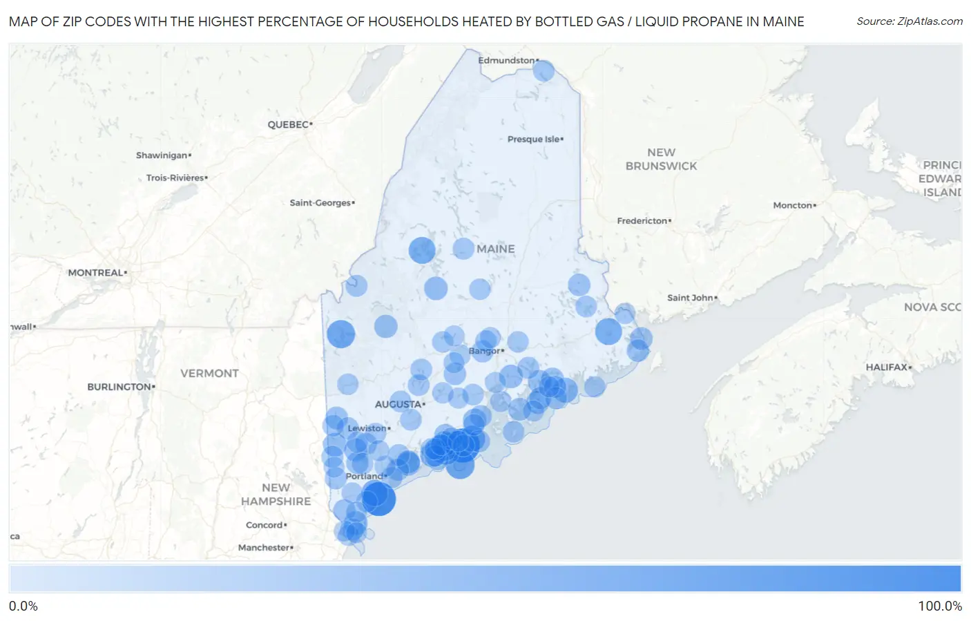 Zip Codes with the Highest Percentage of Households Heated by Bottled Gas / Liquid Propane in Maine Map