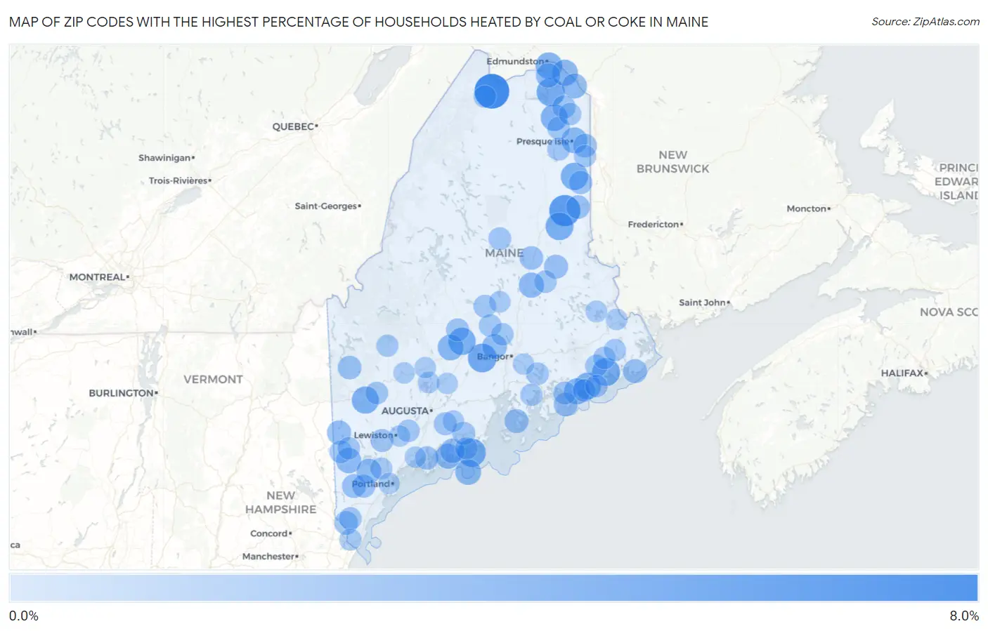 Zip Codes with the Highest Percentage of Households Heated by Coal or Coke in Maine Map