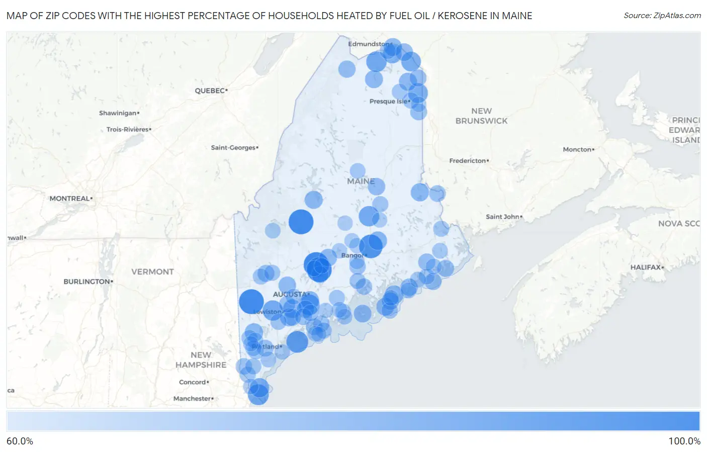 Zip Codes with the Highest Percentage of Households Heated by Fuel Oil / Kerosene in Maine Map