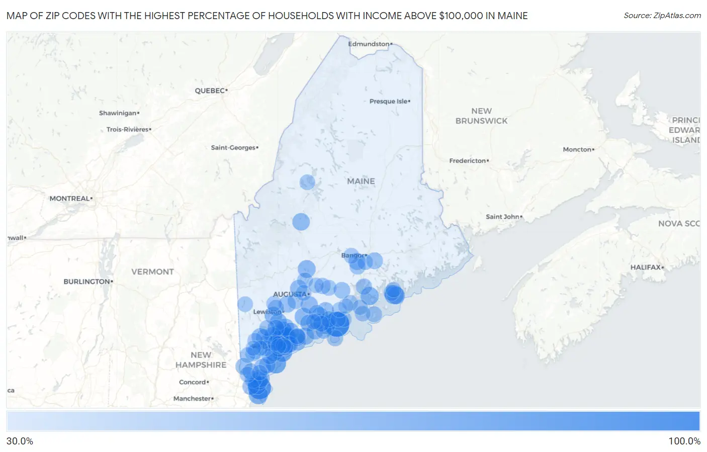 Zip Codes with the Highest Percentage of Households with Income Above $100,000 in Maine Map