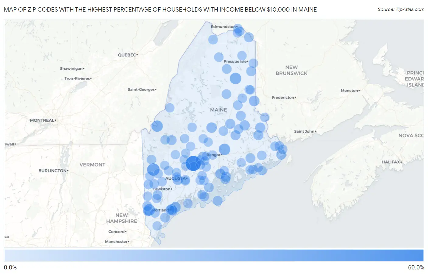 Zip Codes with the Highest Percentage of Households with Income Below $10,000 in Maine Map