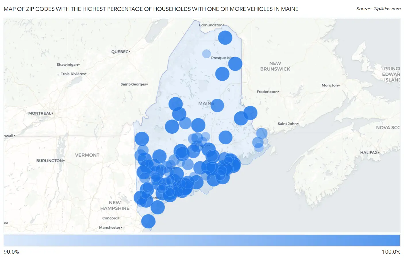 Zip Codes with the Highest Percentage of Households With One or more Vehicles in Maine Map