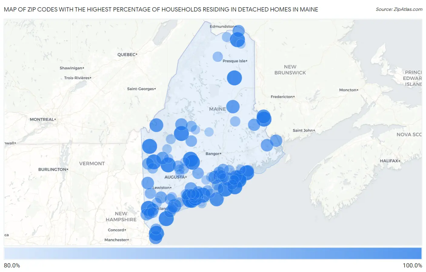 Zip Codes with the Highest Percentage of Households Residing in Detached Homes in Maine Map