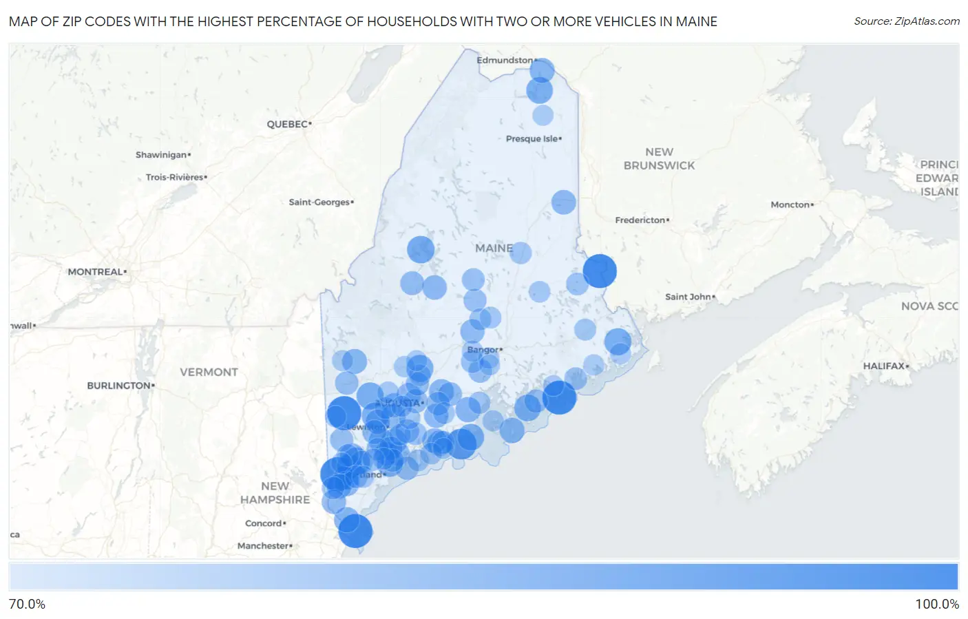 Zip Codes with the Highest Percentage of Households With Two or more Vehicles in Maine Map
