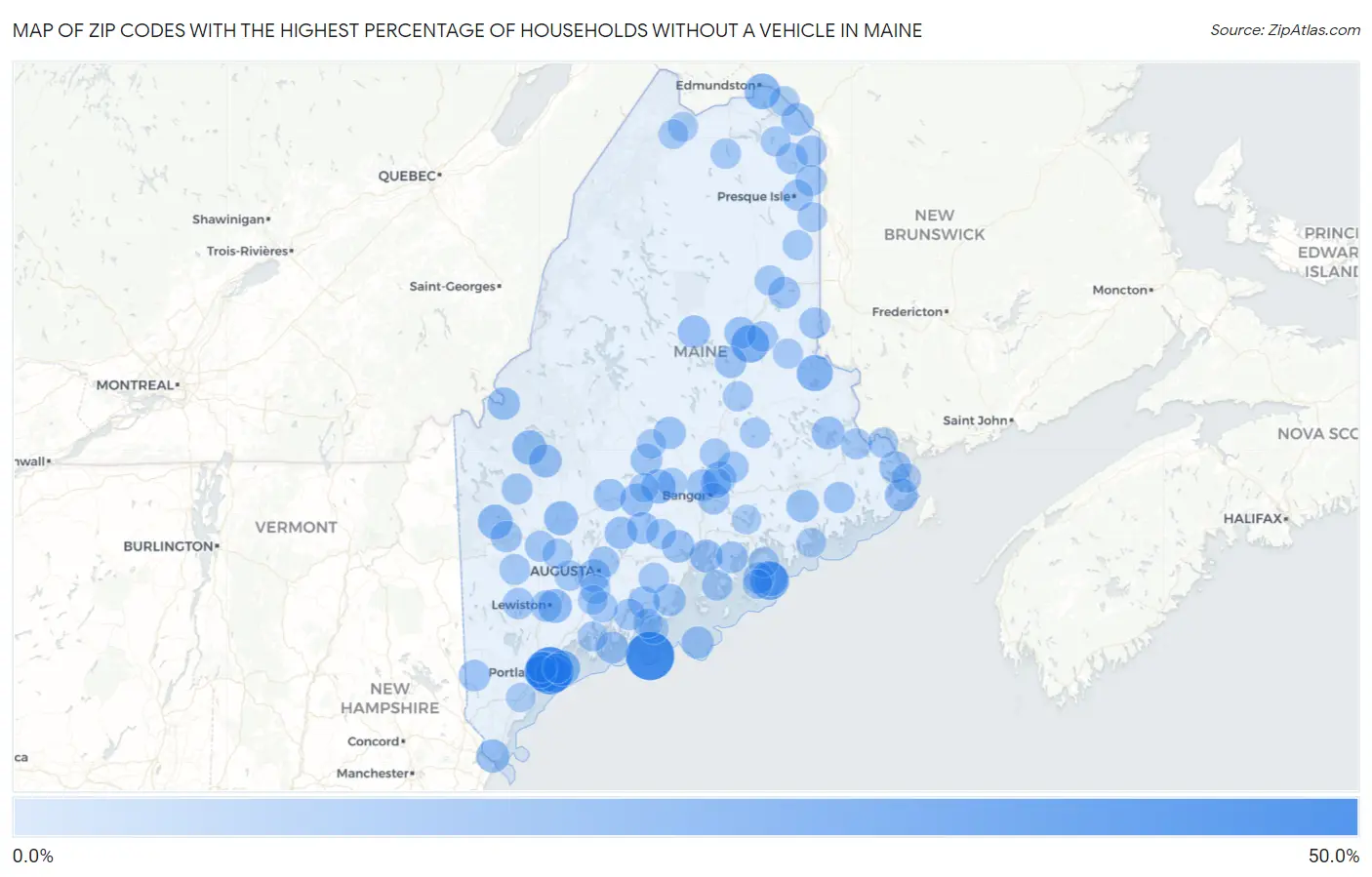 Zip Codes with the Highest Percentage of Households Without a Vehicle in Maine Map