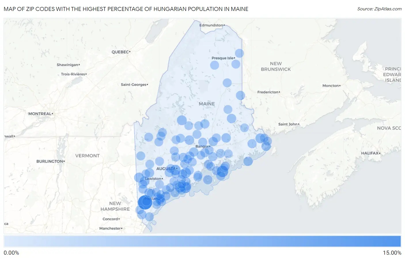 Zip Codes with the Highest Percentage of Hungarian Population in Maine Map