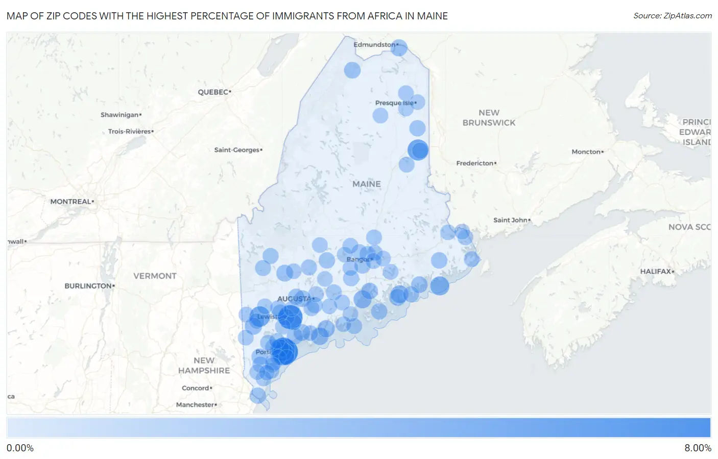 Zip Codes with the Highest Percentage of Immigrants from Africa in Maine Map