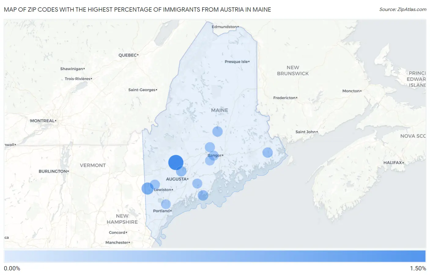 Zip Codes with the Highest Percentage of Immigrants from Austria in Maine Map
