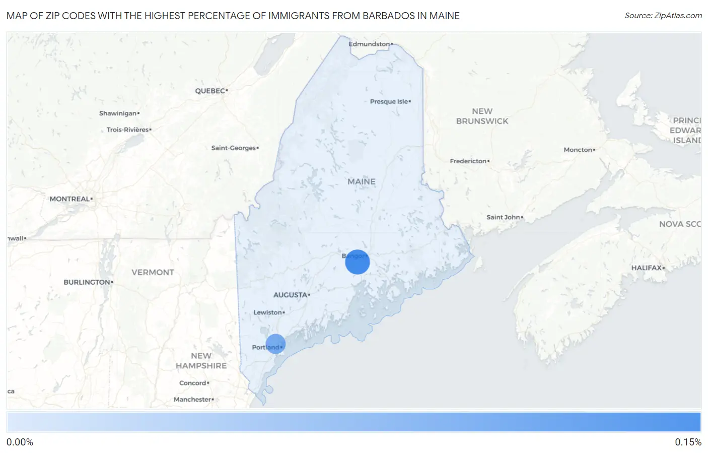 Zip Codes with the Highest Percentage of Immigrants from Barbados in Maine Map