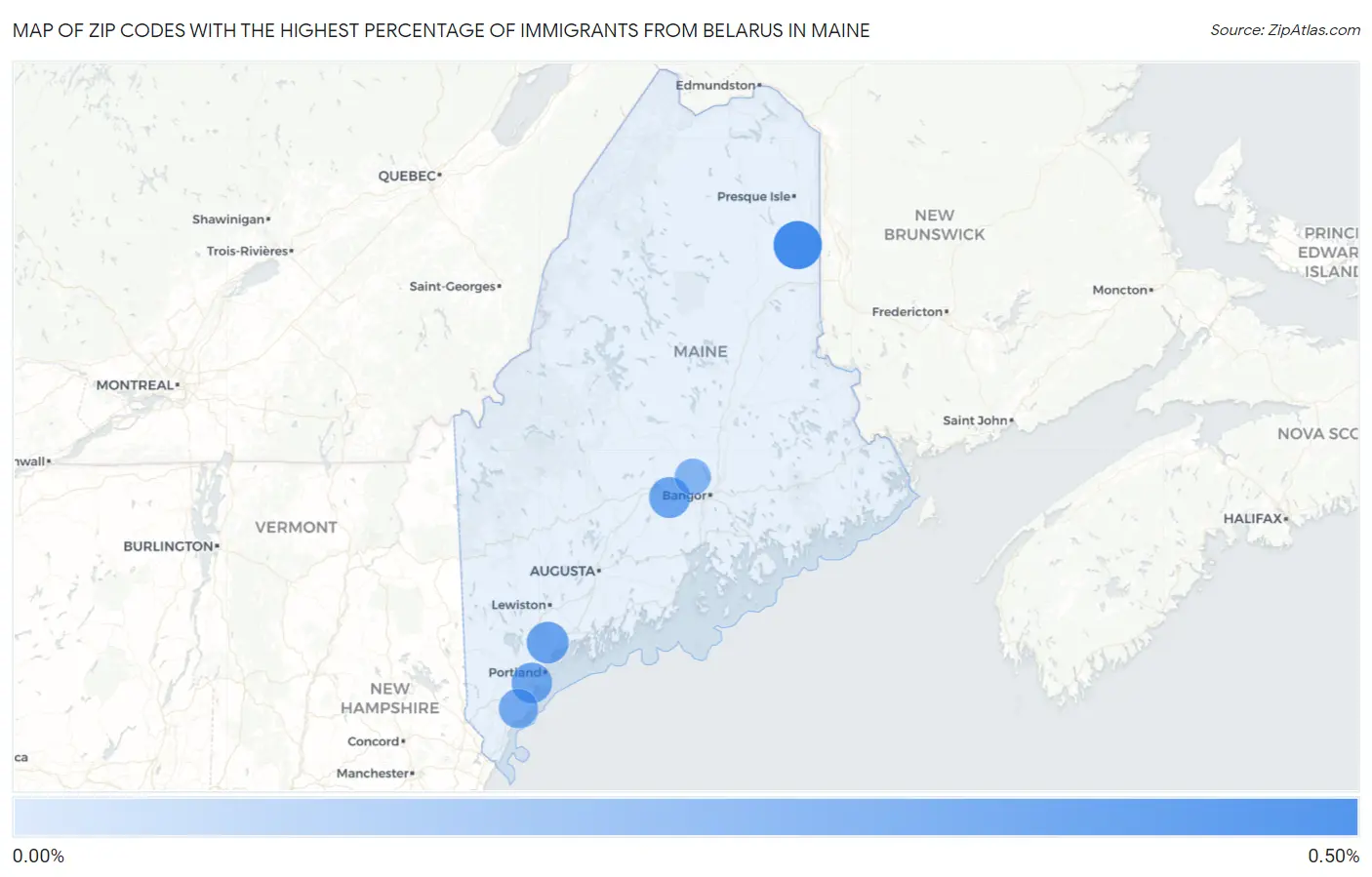 Zip Codes with the Highest Percentage of Immigrants from Belarus in Maine Map