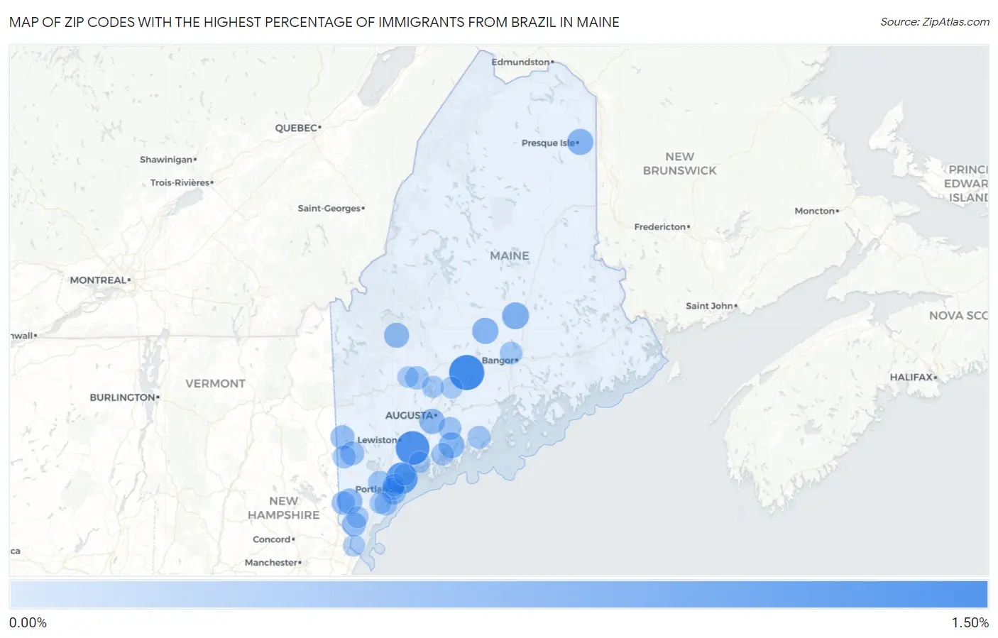 Zip Codes with the Highest Percentage of Immigrants from Brazil in Maine Map