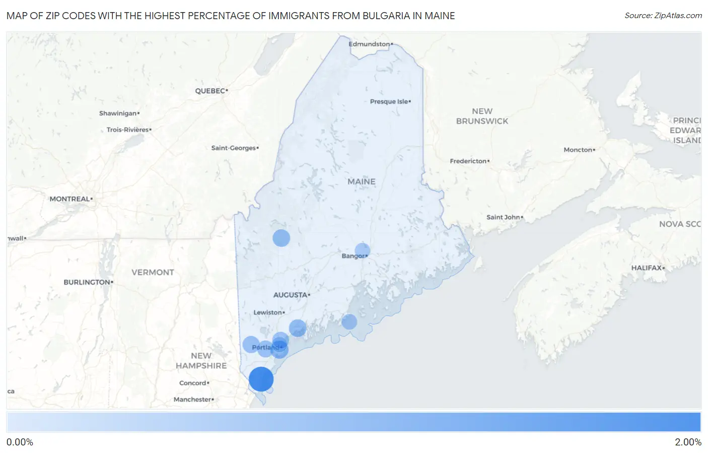 Zip Codes with the Highest Percentage of Immigrants from Bulgaria in Maine Map
