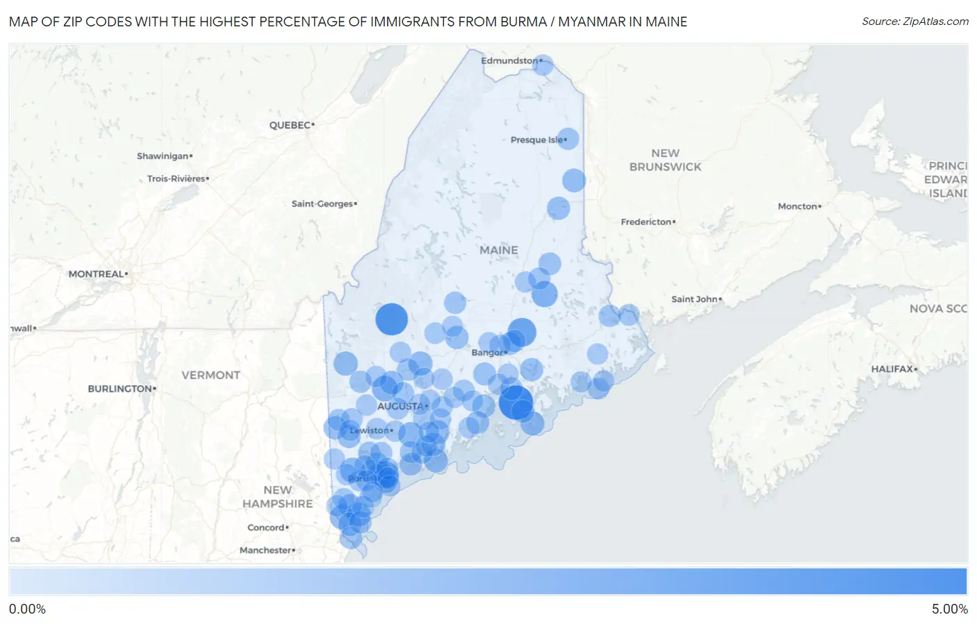 Zip Codes with the Highest Percentage of Immigrants from Burma / Myanmar in Maine Map