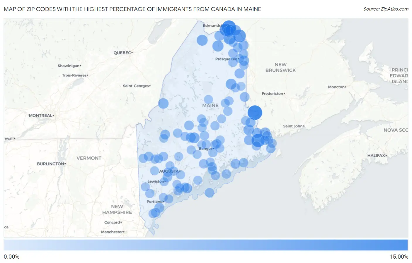 Zip Codes with the Highest Percentage of Immigrants from Canada in Maine Map