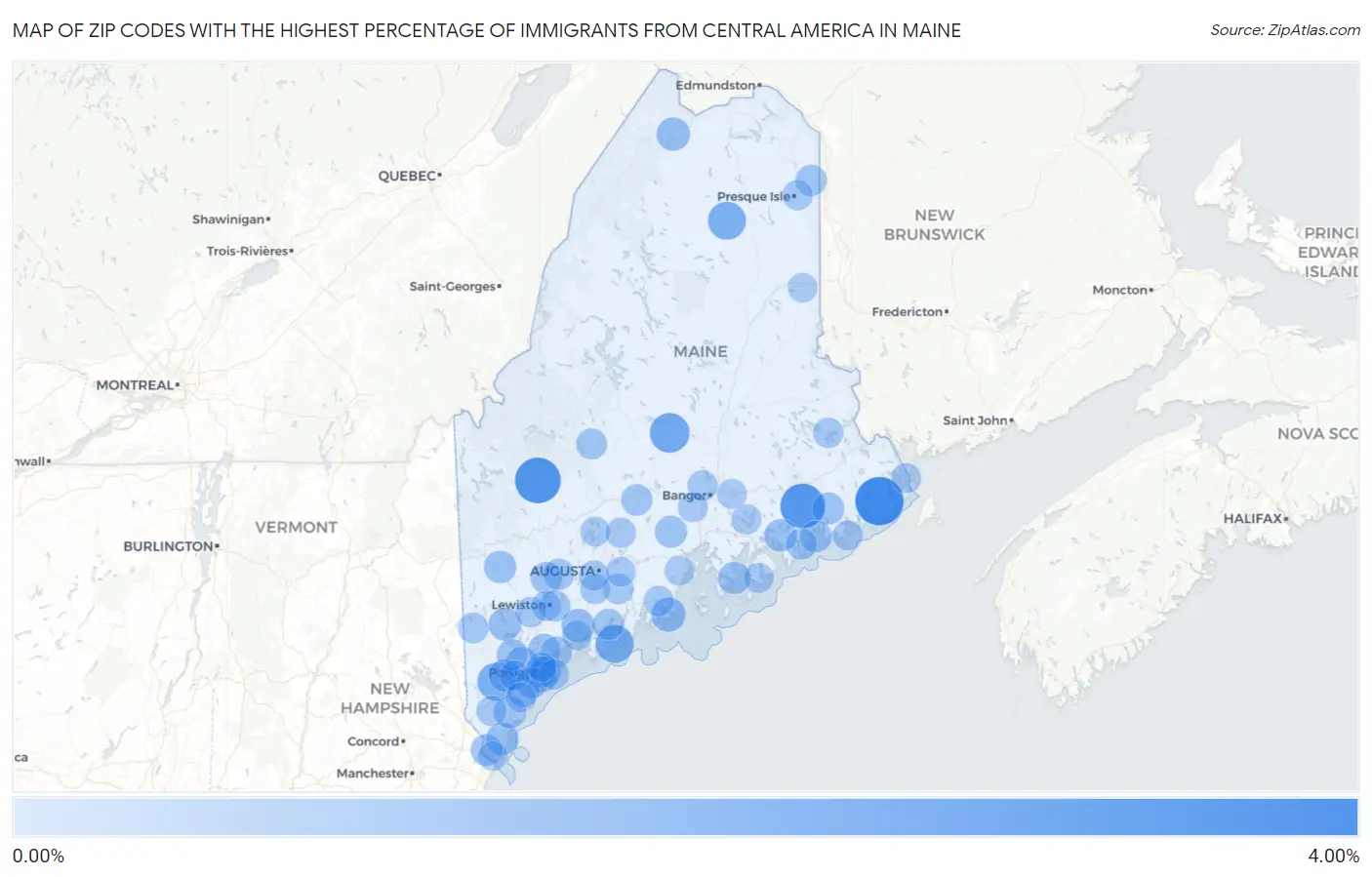 Zip Codes with the Highest Percentage of Immigrants from Central America in Maine Map