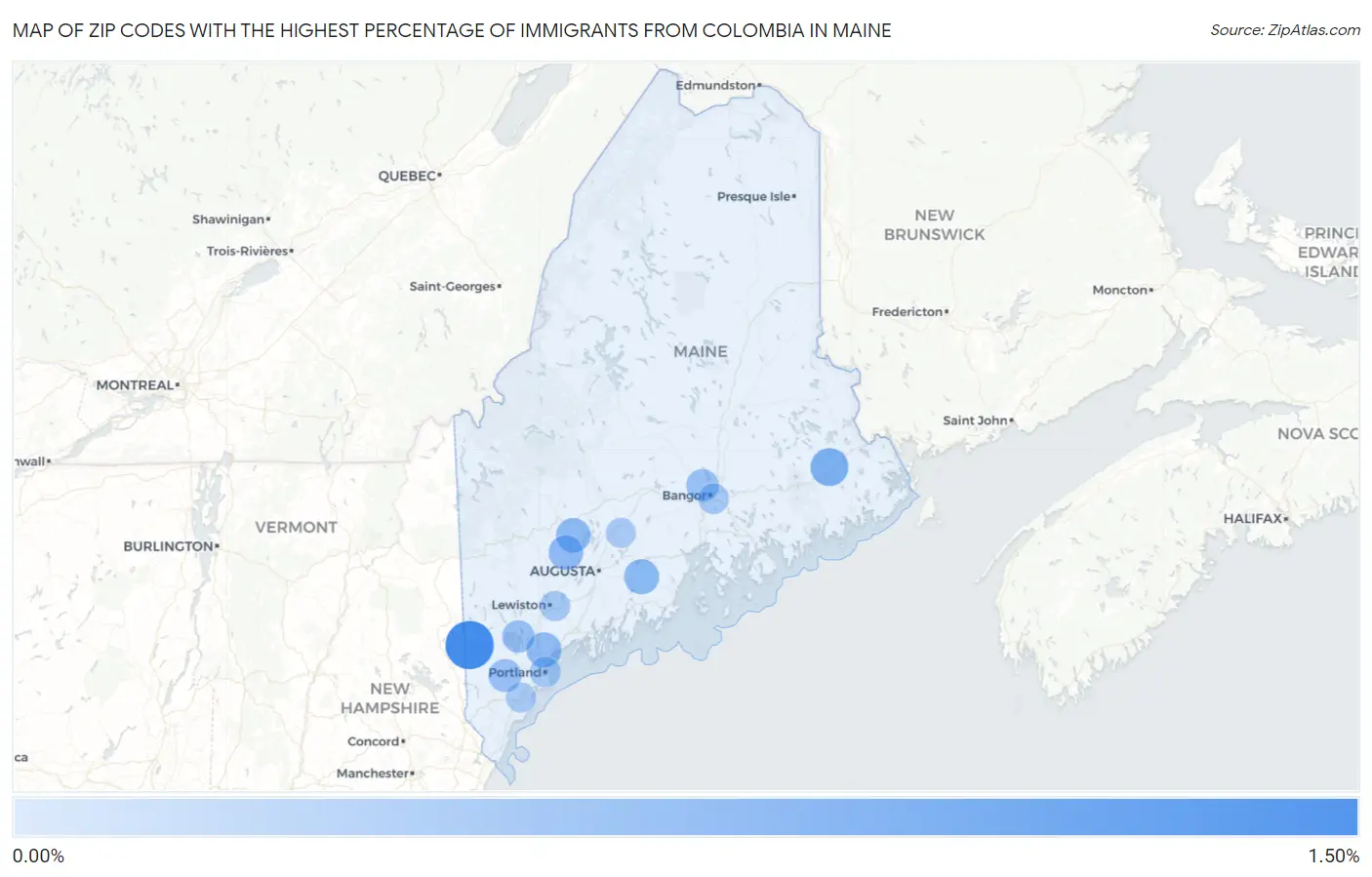 Zip Codes with the Highest Percentage of Immigrants from Colombia in Maine Map