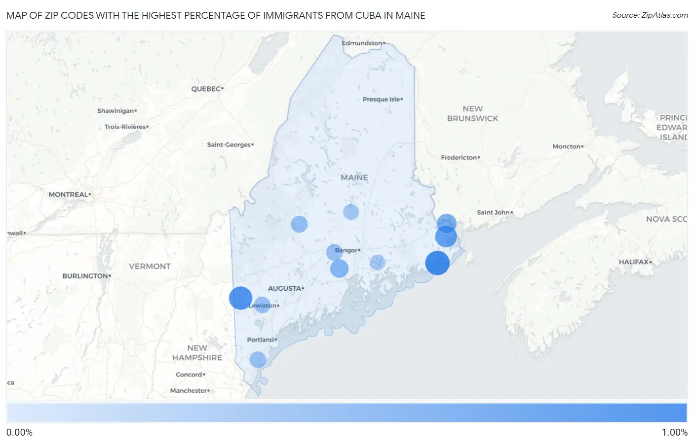 Zip Codes with the Highest Percentage of Immigrants from Cuba in Maine Map