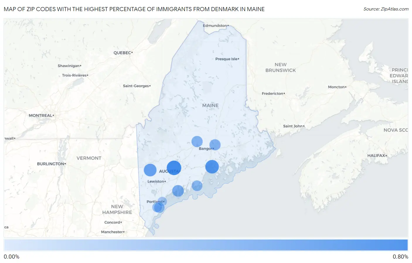 Zip Codes with the Highest Percentage of Immigrants from Denmark in Maine Map