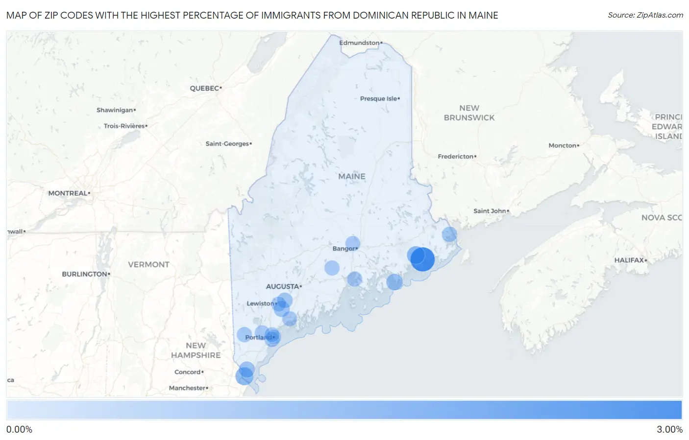 Zip Codes with the Highest Percentage of Immigrants from Dominican Republic in Maine Map