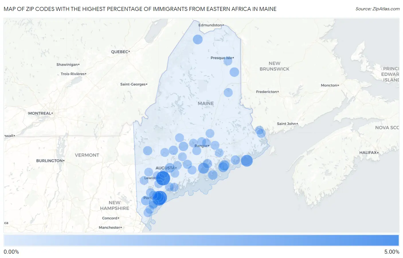 Zip Codes with the Highest Percentage of Immigrants from Eastern Africa in Maine Map