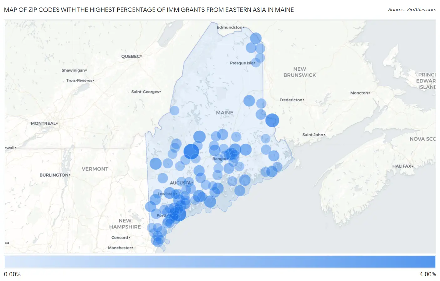 Zip Codes with the Highest Percentage of Immigrants from Eastern Asia in Maine Map