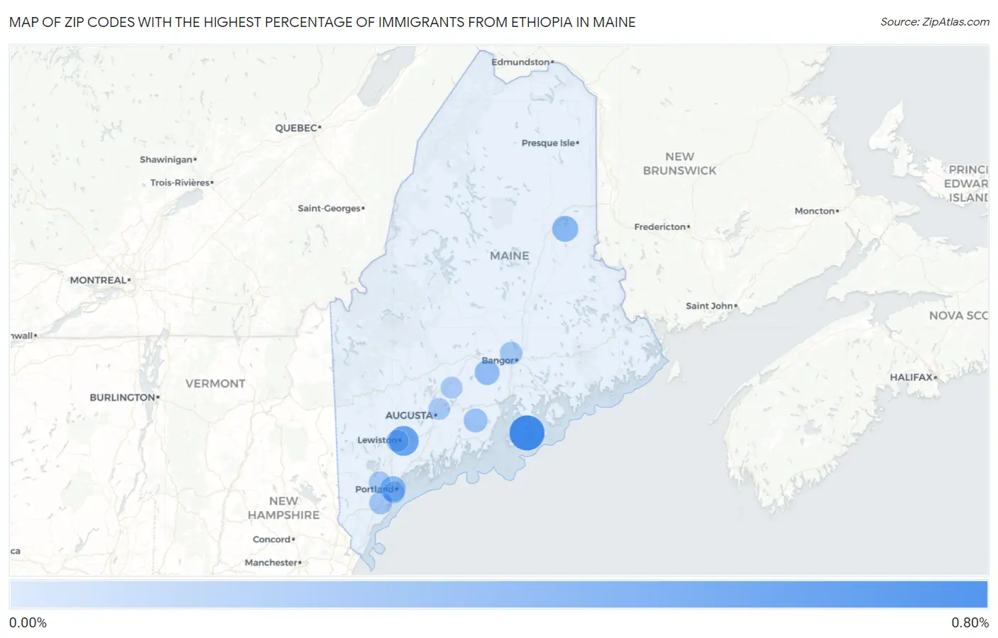 Zip Codes with the Highest Percentage of Immigrants from Ethiopia in Maine Map
