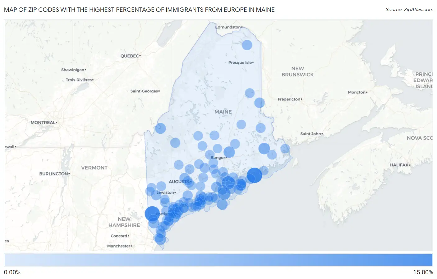 Zip Codes with the Highest Percentage of Immigrants from Europe in Maine Map