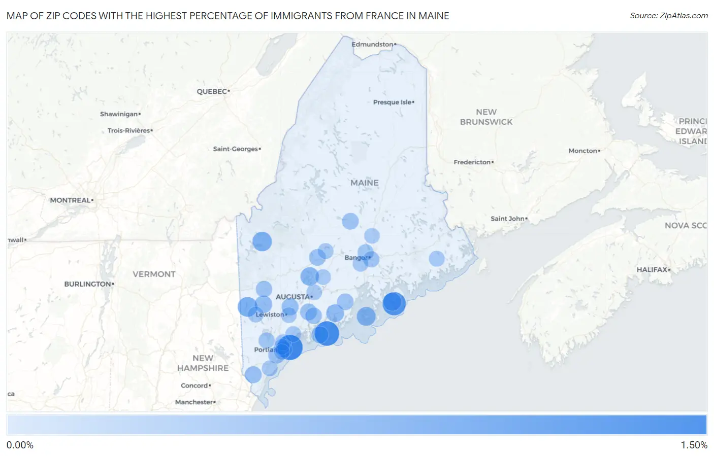 Zip Codes with the Highest Percentage of Immigrants from France in Maine Map
